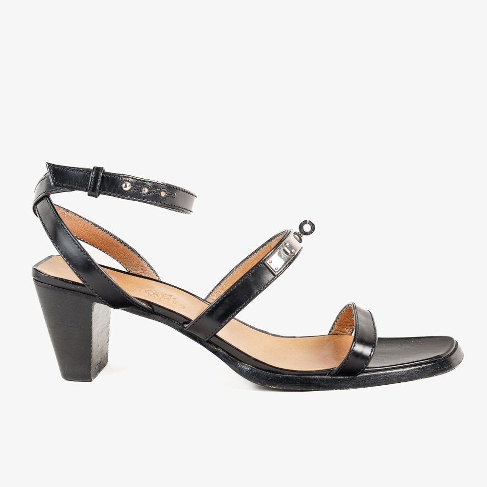 Hermes Leather Kelly Buckle Tapered Heel Black Leather Sandal, Size 6.5